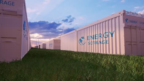battery storage power station accompanied by solar and wind turbine power plants. new energy concept