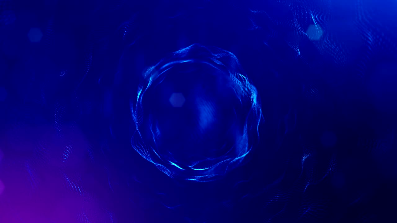 디지털 공상과학 소설에서 나노 세계와 같은 반이는 입자의 배경으로 필드 깊이, 보케, 입자가 선, 표면 그리드 또는 신비한 가상 공간을 형성합니다.