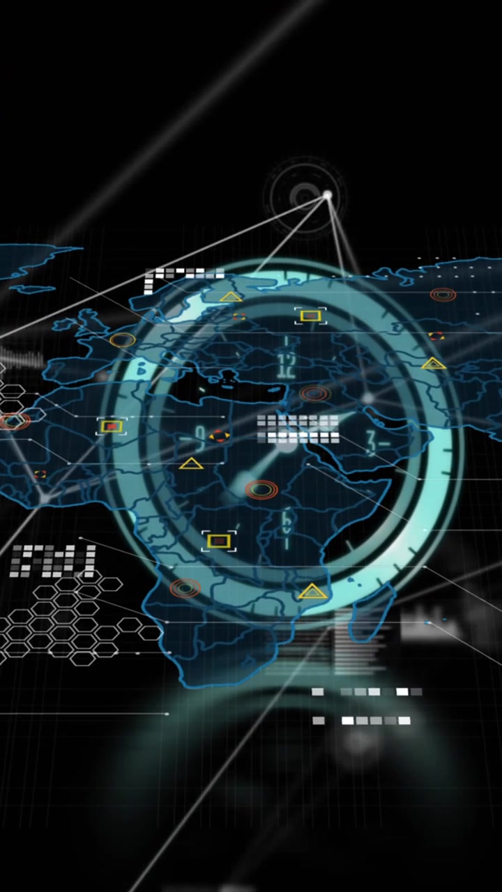 Animazione di un orologio al neon che ticchetta su una rete di connessione e di elaborazione dati su una mappa del mondo