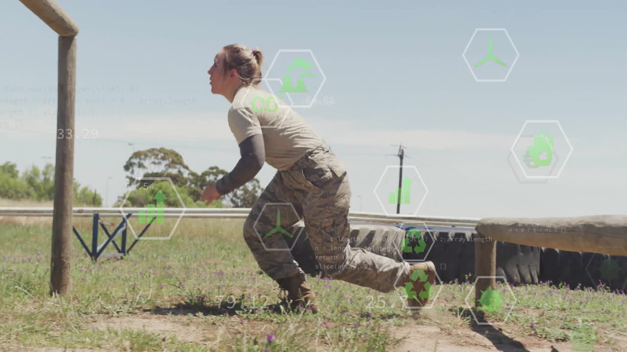 Person in military attire climbing obstacle with data processing animation overlay