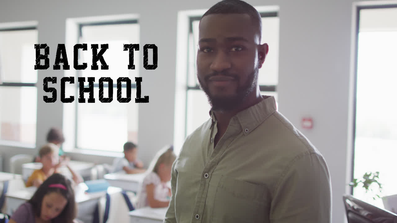 Animation of back to school text over happy african american male teacher and schoolkids at school