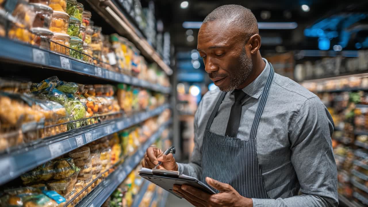 Focused Grocery Store Employee Reviewing Inventory and Taking Notes While Analyzing Shelves Filled with Fresh Produce and Packaged Goods in a Supermarket Environment