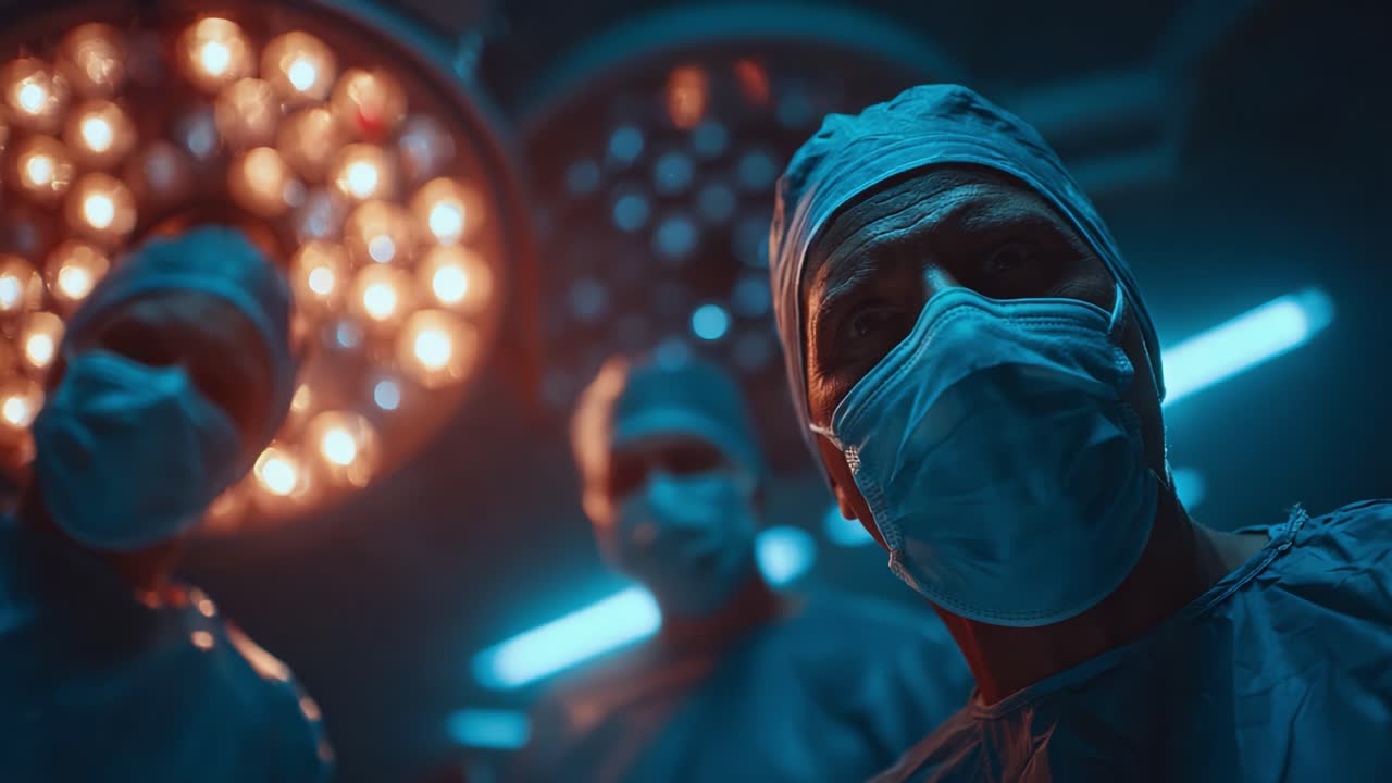 Ambiente chirurgico intenso: primo piano di professionisti medici in mascherina e camice sotto le luci intense della sala operatoria durante una procedura critica