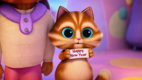 cute cartoon cat holding a happy new year sign with a girl