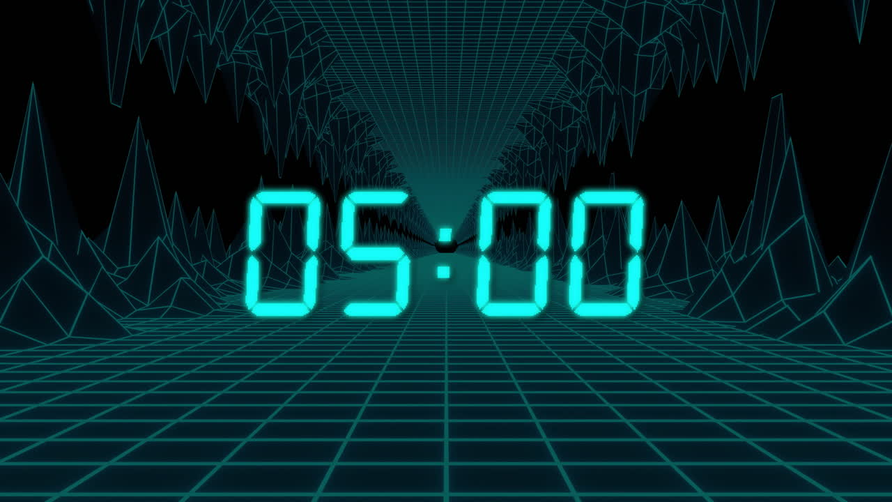 Animation of blue digital clock timer changing over metaverse on black background