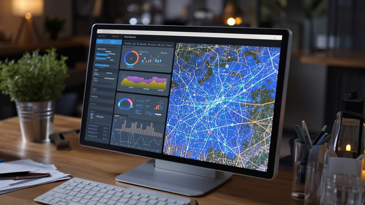 Uno spazio di lavoro moderno con una configurazione computerizzata all'avanguardia e visualizzazioni dinamiche di dati sul monitor, creando un'atmosfera produttiva.