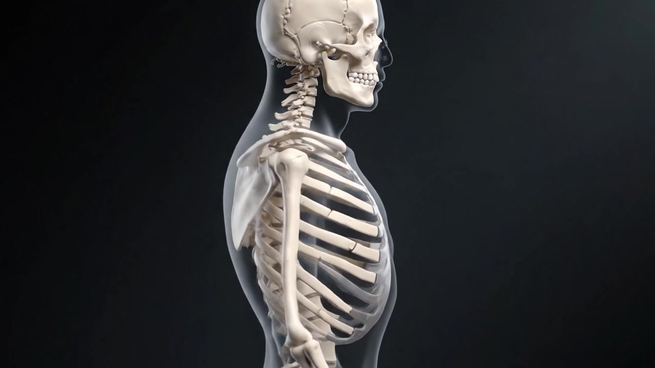 Detailed Anatomical Representation of the Human Skeleton and Spine Featuring the Rib Cage, Skull, and Shoulder Blades for Educational Purposes.