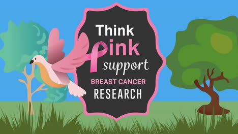 animation of pink ribbon logo and breast cancer text over trees and bird
