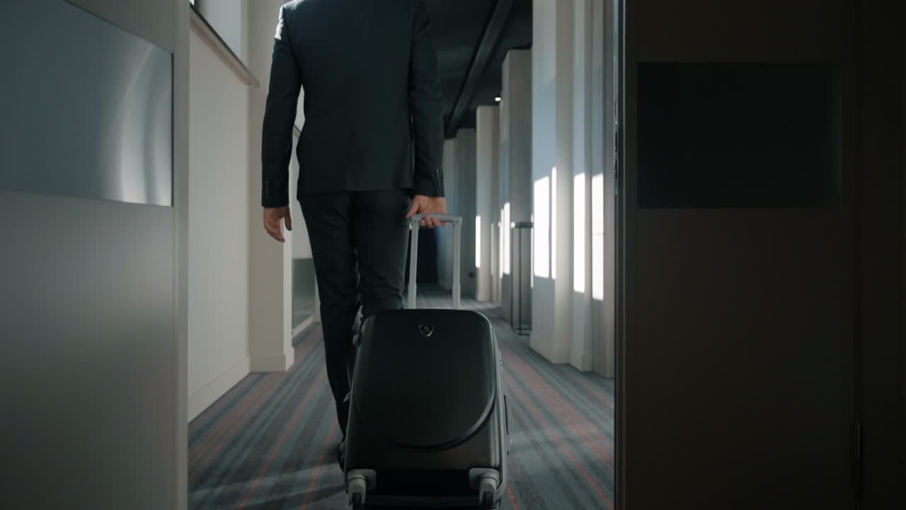 Forretningsmand med rejsekuffert går på hotellets gang. Mand ankommer til hotel.