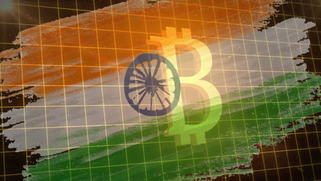 animation of flag of india and bitcoin symbol glowing