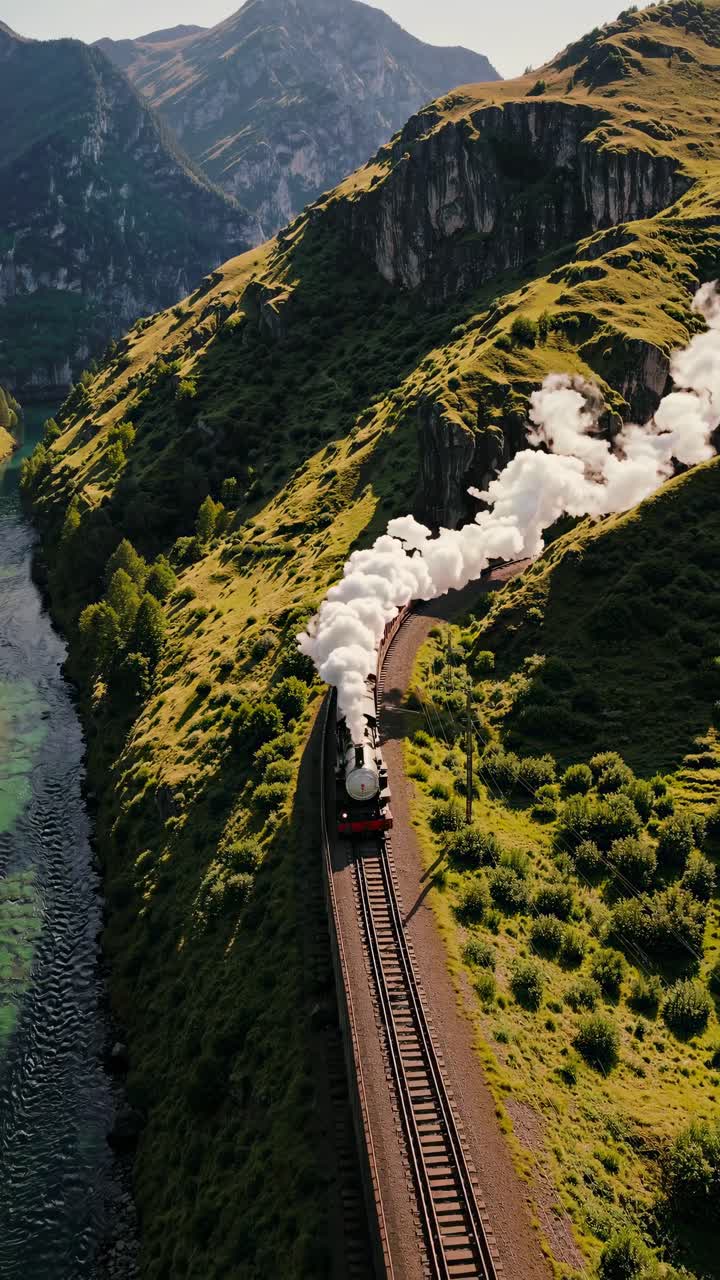 Aerial view of a vintage train on a scenic mountain track, with lush greenery and billowing smoke