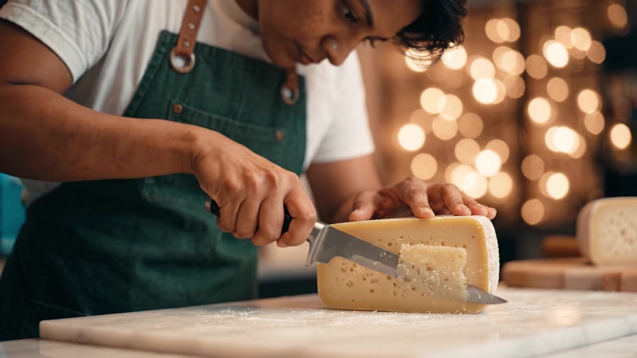 Uno chef esperto affetta con maestria un blocco di formaggio su un tagliere di legno, illuminato da luci calde e festive, mettendo in mostra l'arte culinaria in azione.