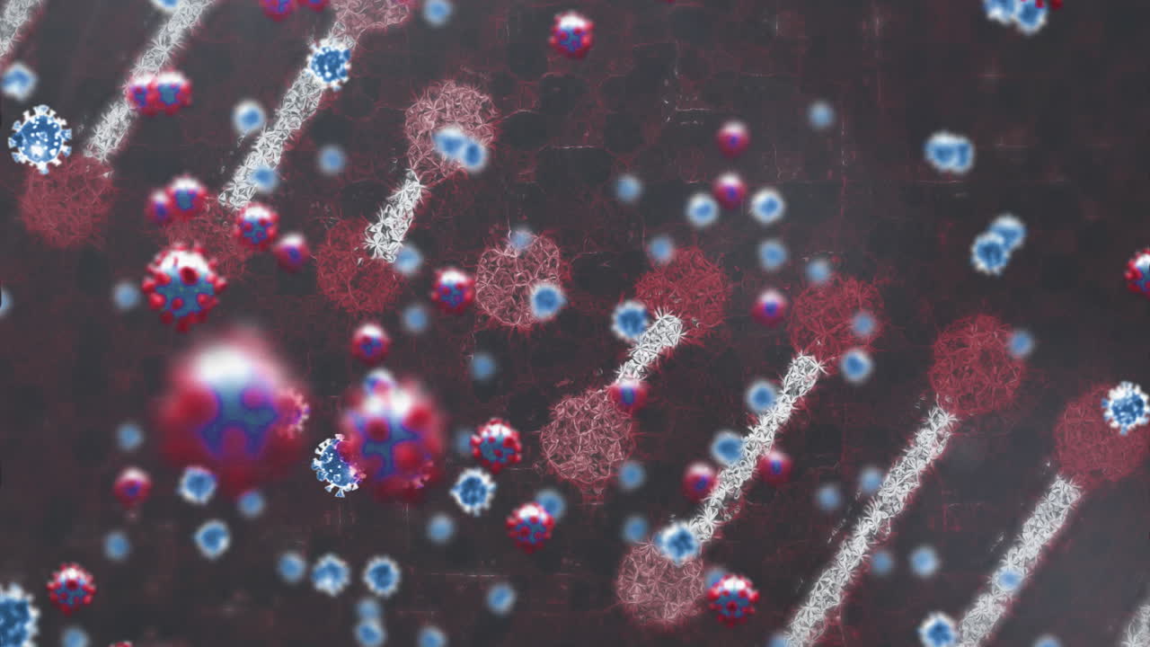animación de las células de covid-19 y hilado de cadena de adn