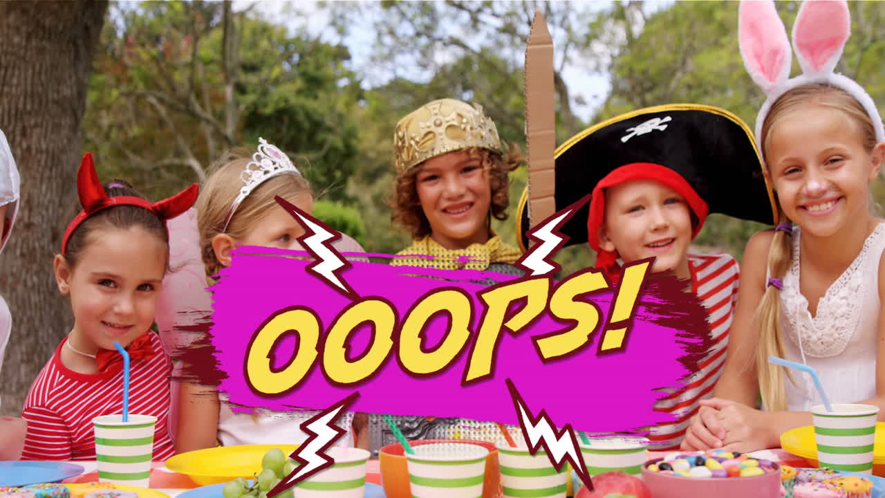 Oops text on speech bubble against group of kids in costumes
