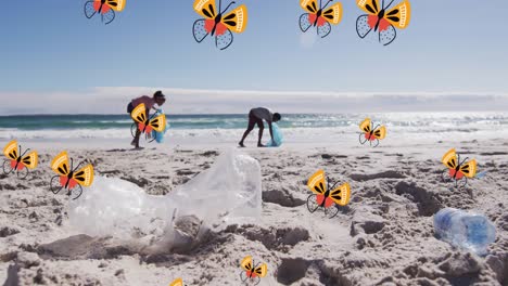 animación de mariposas sobre un hombre y una mujer afroamericanos recogiendo basura en la playa