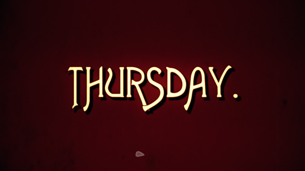 문자 메시지, 멋진 레트로 폰트, 1970년대 손상된 영화 스타일, 글자 확대 애니메이션으로 나타납니다: 목요일.