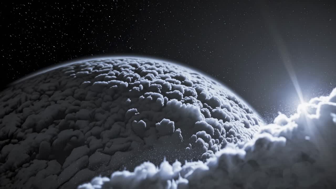 Celestial scene captures the dynamic transition of clouds enveloping a distant planet, illuminated by radiant starlight, showcasing the beauty of cosmic phenomena