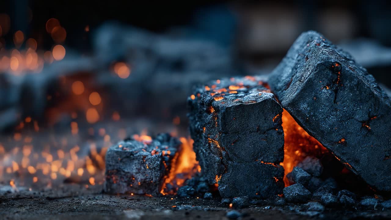 Una descrizione ravvicinata di carboni ardenti e braci scintillanti che erompono da un blocco rotto, catturando l'intenso calore e il bagliore del fuoco in una scena drammatica.