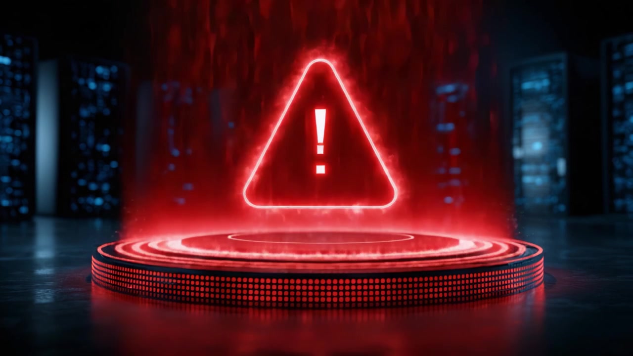 Et slående digitalt advarselssymbol dukker op fra en kaskade af lysende rødt lys, der signalerer presserende opmærksomhed i et højteknologisk miljø, hvilket skaber en følelse af alarm og forsigtighed