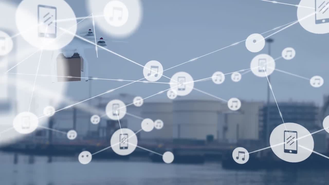 패키지를 운반하는 드론을 통해 아이콘으로 연결된 네트워크의 애니메이션