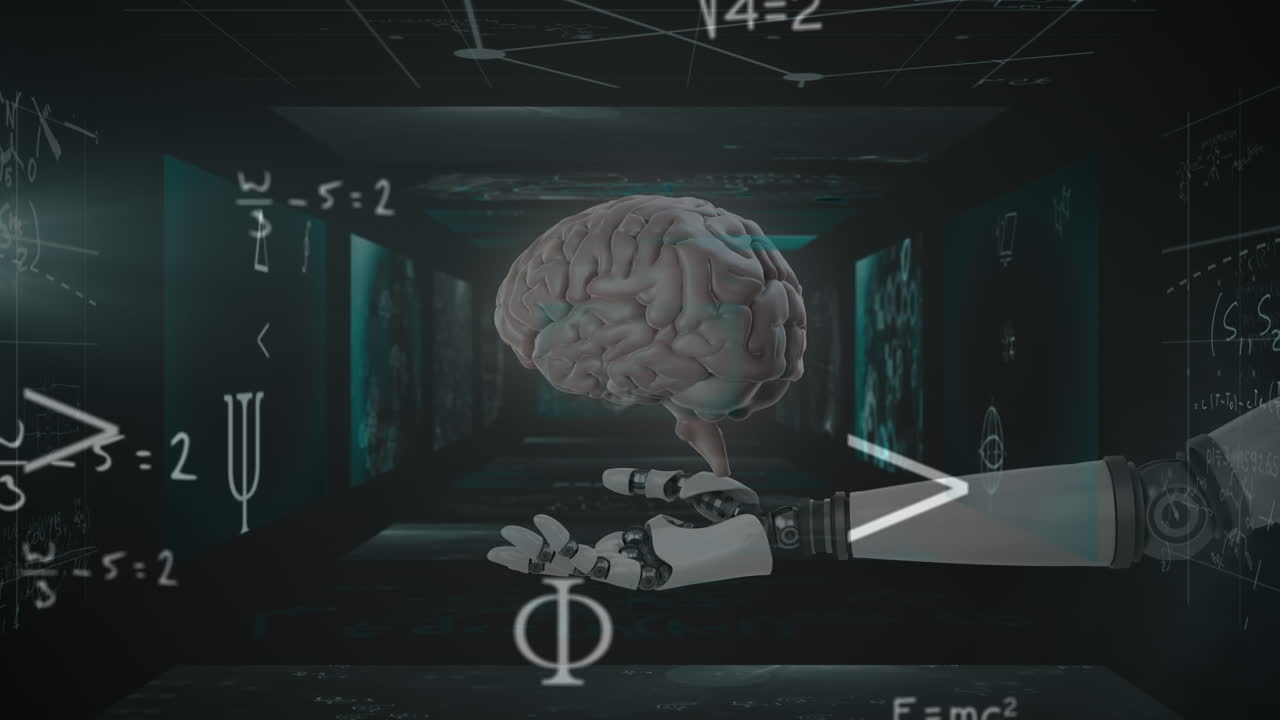 Animation of rotating brain and math formulas on black background and robot arm