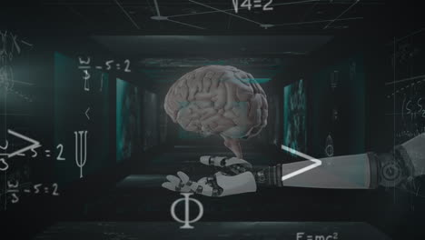 animación de cerebro giratorio y fórmulas matemáticas en fondo negro y brazo de robot