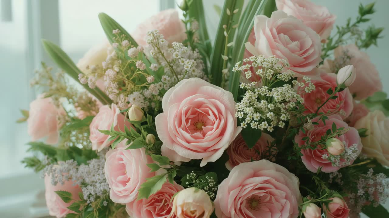 Focusing lens capturing rose in vase by window, shifting focus across rosebuds and baby's breath