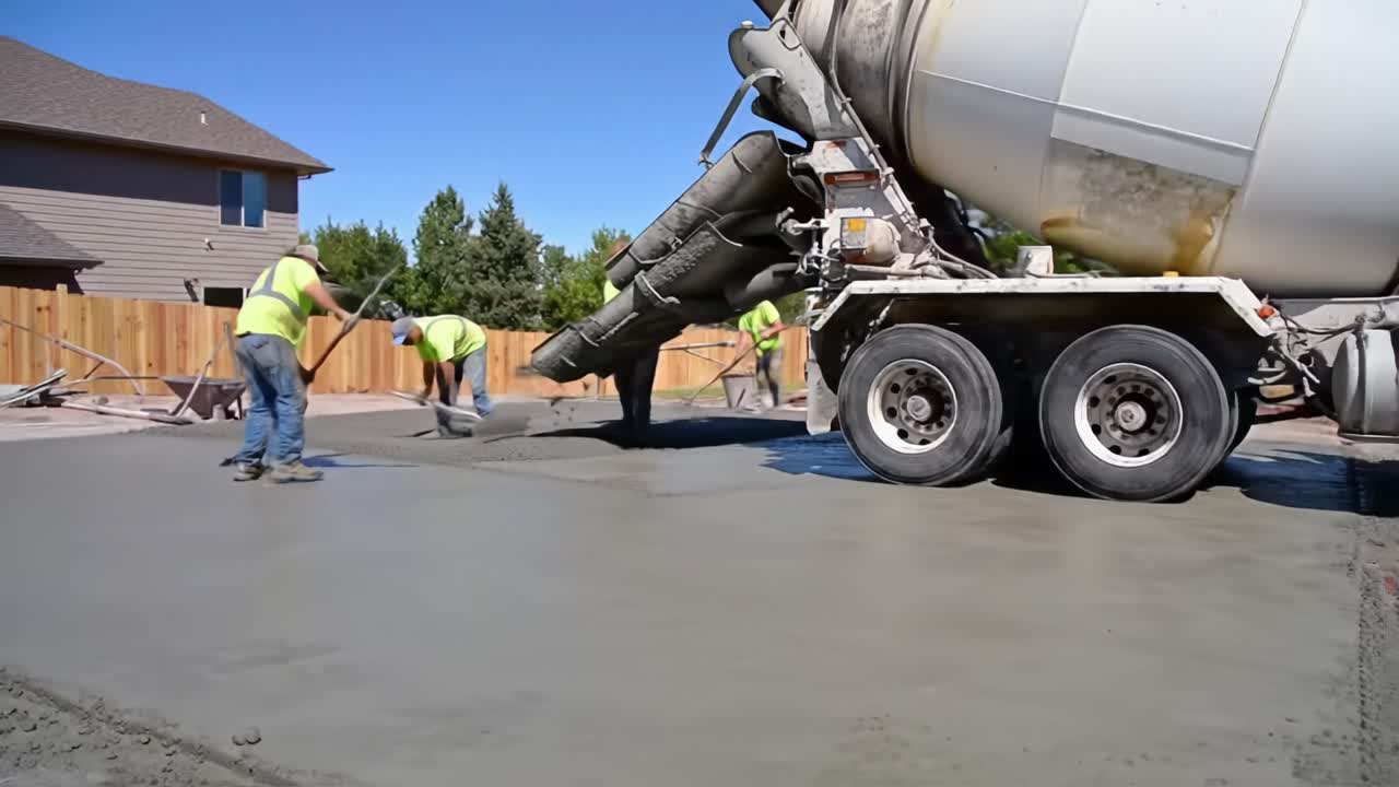Workers are busy pouring and leveling fresh concrete in a residential backyard. The team is diligent, ensuring a smooth finish as they prepare the surface for use.