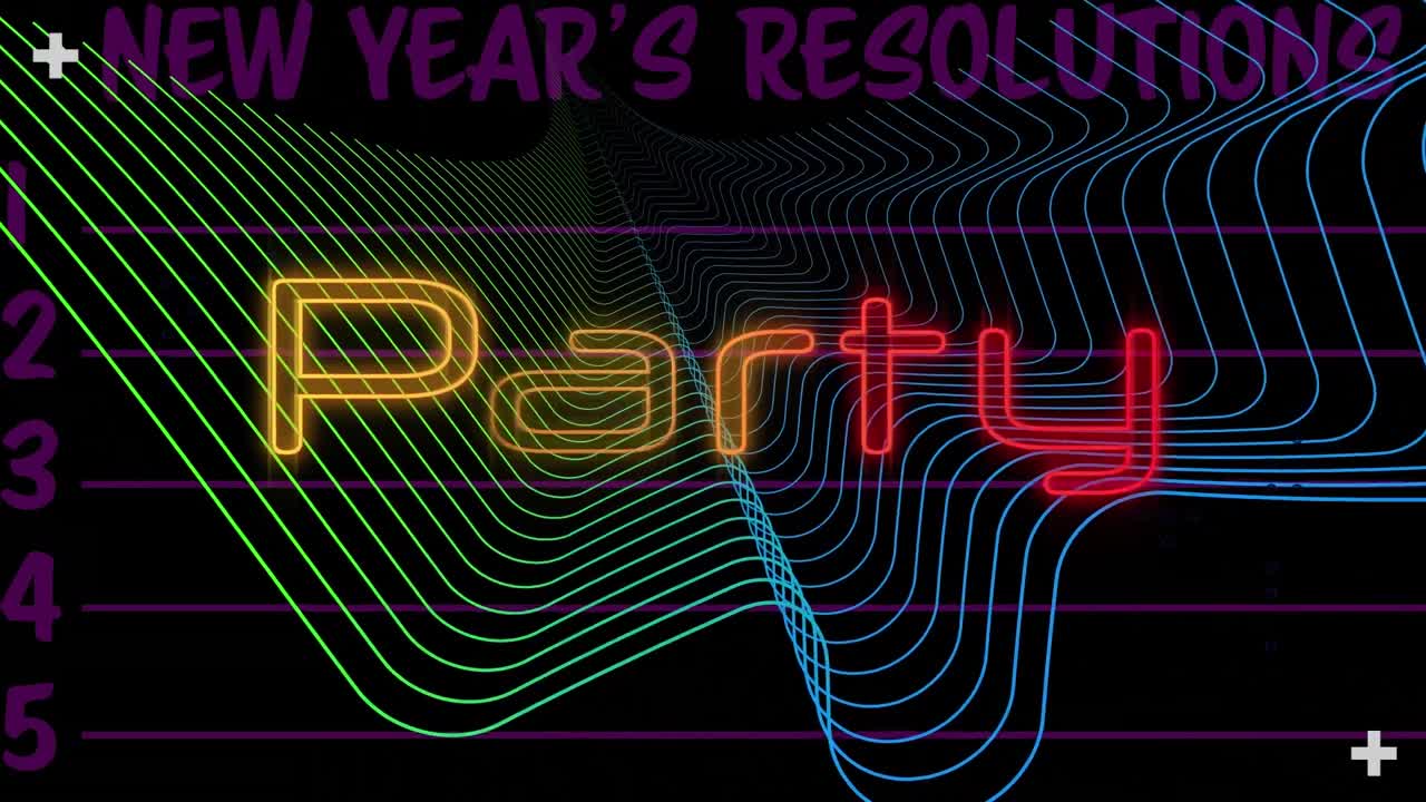 Animazione del testo "party" al neon giallo e rosso, linee parallele colorate e propositi di Capodanno.