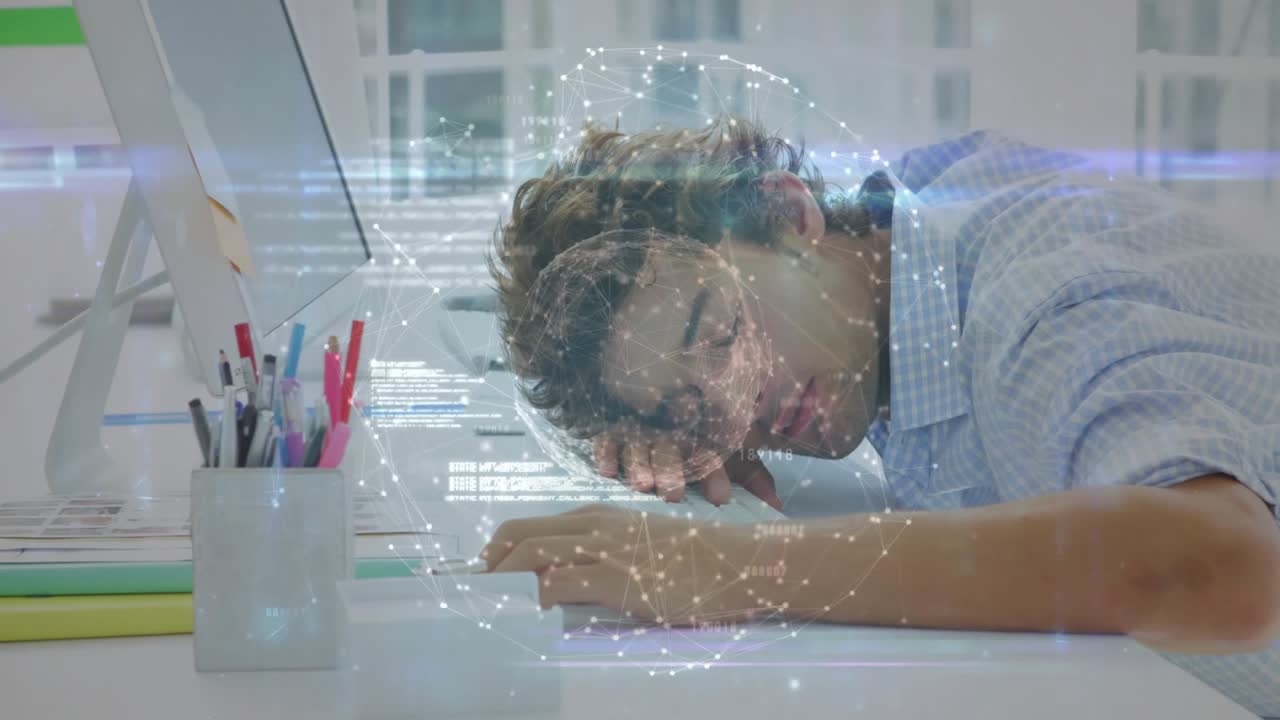 Man gazing at monitor and activating rotating digital globe while studying technology then slumping