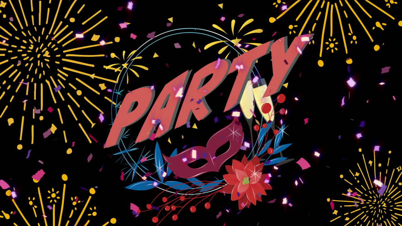 Animation of party over fireworks on black background