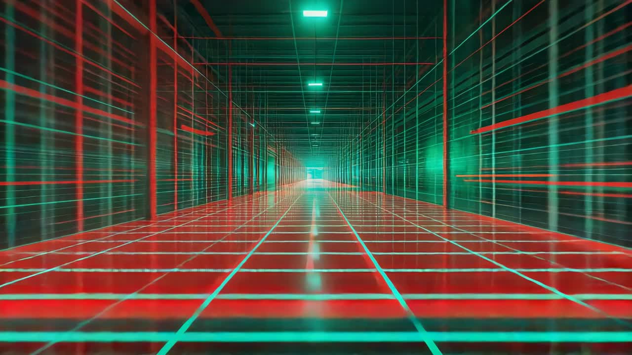 Gliding camera moving corridor with wireframe walls, cyan grid floor, red lines and overhead lights