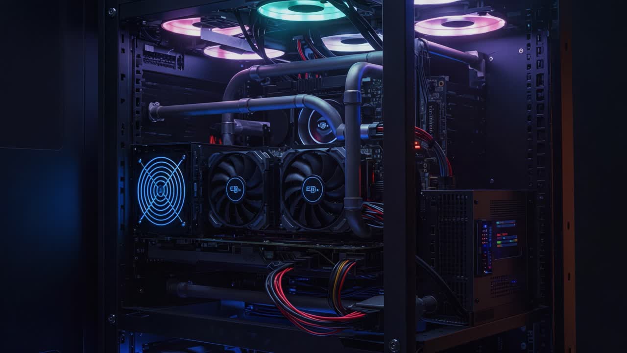 A Detailed View of a Custom Gaming PC Setup, Featuring Dual Graphics Cards, Advanced Cooling Systems, and LED Lighting for Enhanced Performance and Aesthetics
