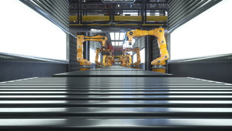 automated factory with robot arms placing products on conveyor belts, 3d render