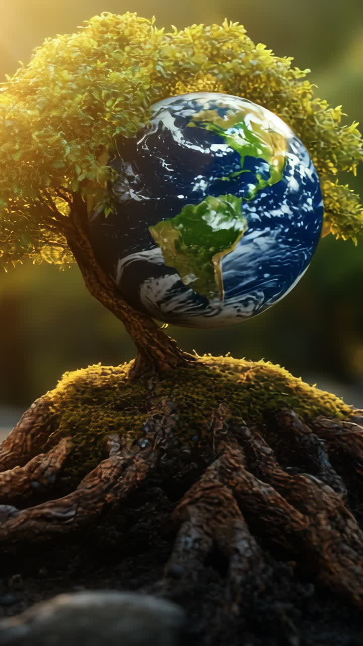 Growing tree with earth in sunlight. A vibrant tree with roots holds a globe, symbolizing nature's relationship with the planet under sunlight.