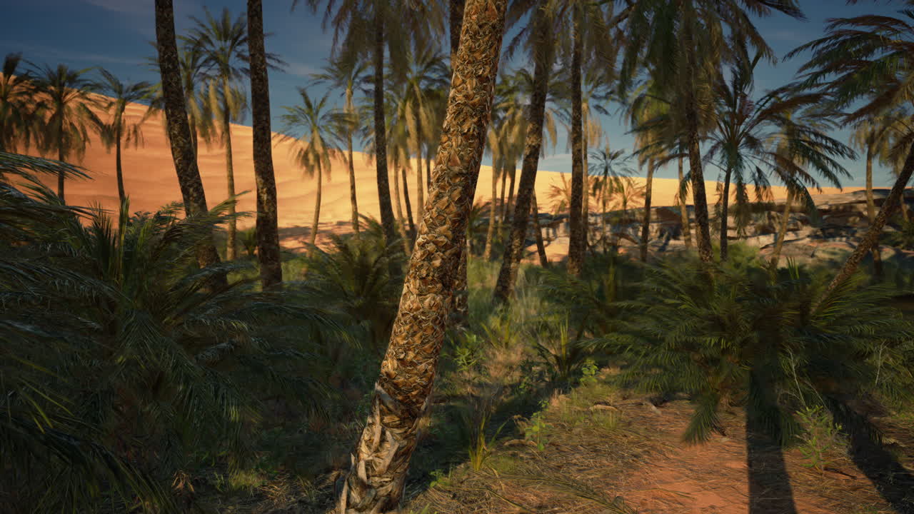 Palme in un'oasi nel deserto al tramonto
