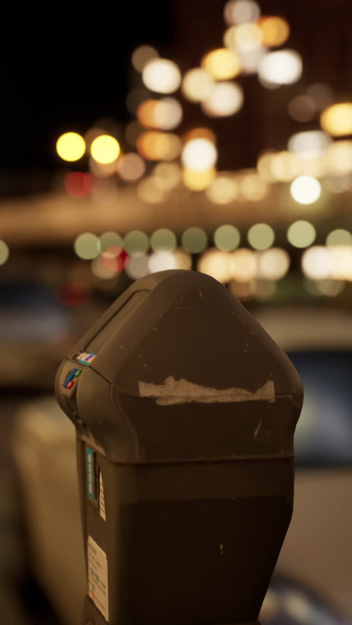 밤에는 도시 거리에서 주차장 미터의 클로즈업