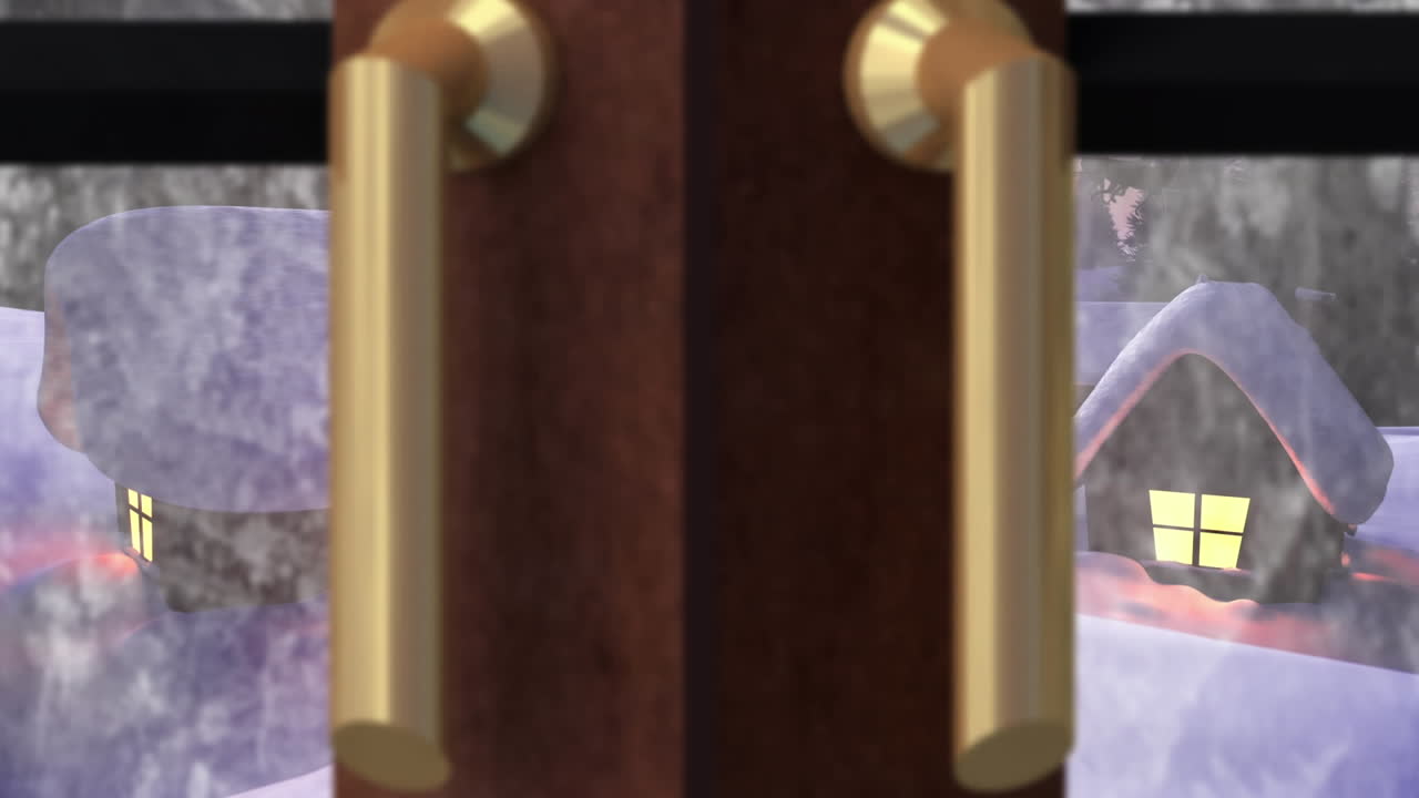 창문을 통해 보이는 크리스마스 장식과 함께 겨울 풍경의 애니메이션