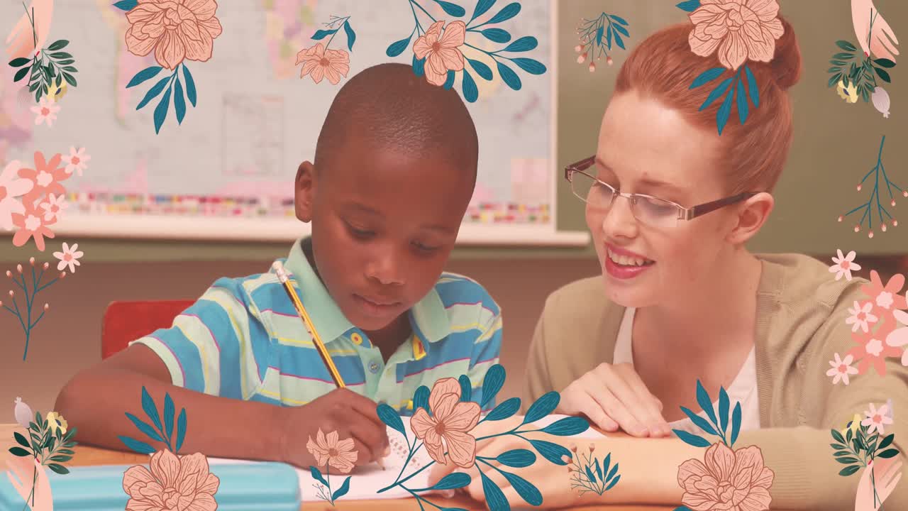 animación de iconos de flores sobre una maestra caucásica sonriente que enseña a un escolar afroamericano
