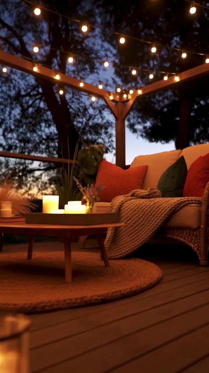 Cozy Outdoor Patio Lounge at Twilight with String Lights