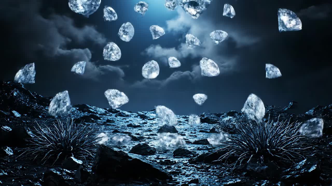 Crystals Falling on a Rocky Landscape at Night
