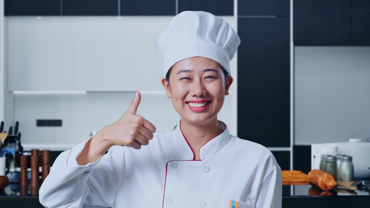 primer plano de la mujer asiática chef sonriendo y mostrando los pulgares hacia arriba gesto a la cámara en la cocina de casa