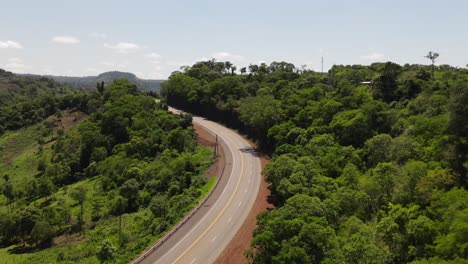 empty road cuts through the lush atlantic rainforest of south america