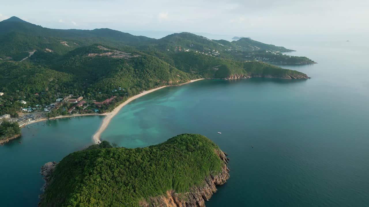Aerial waterfront resort in Ko Pha Ngan or Koh Phangan Island in Gulf of Thailand , Koh Nang Yuan white sand beach