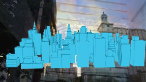 animation of 3d city drawing spinning over cityscape