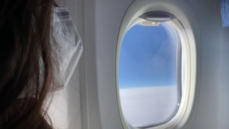 close shot of a woman wearing a face mask in an airplane during the coronavirus pandemic