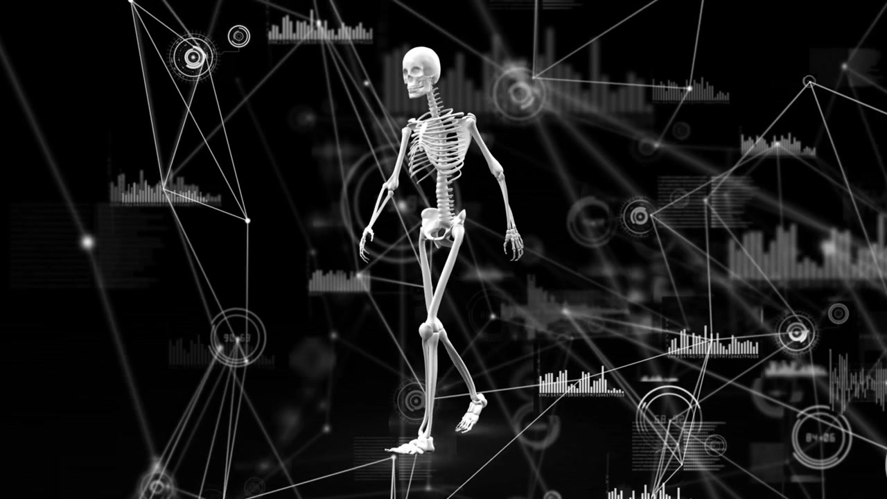 Animation af netværk af forbindelser og databehandling over menneskeskeletmodel