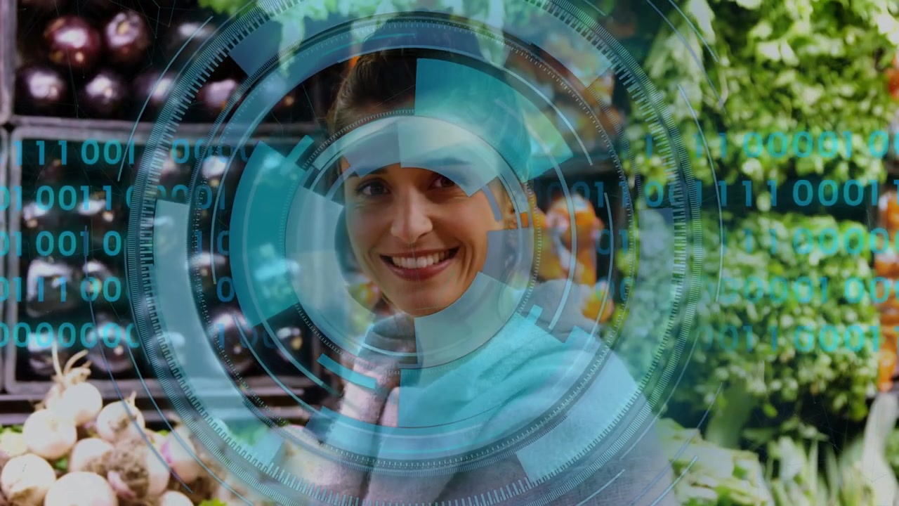 Grocery shopper selecting greens and inspecting freshness, activating blue HUD aligning viewfinder
