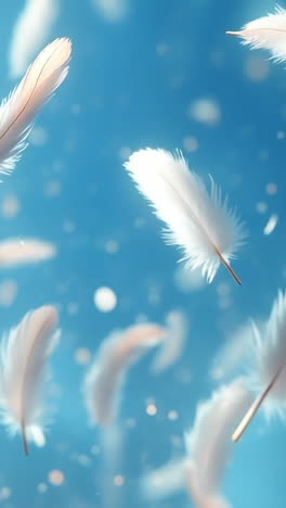 soft white feathers drift in blue light. delicate white feathers float gracefully through a soft blue background, creating a serene and peaceful atmosphere.