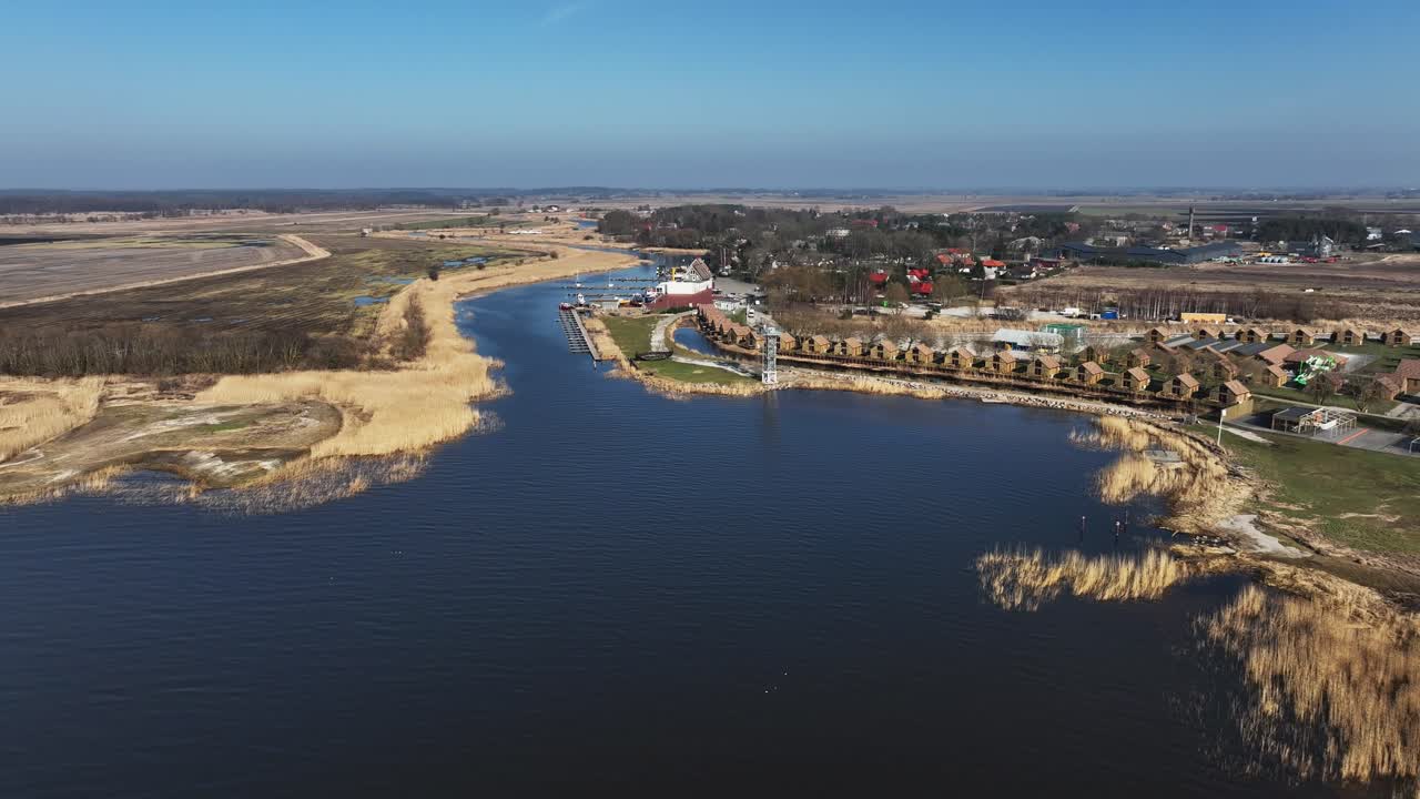 Aerial view of the small boat harbor of Dreverna town. Europe, Lithuania.